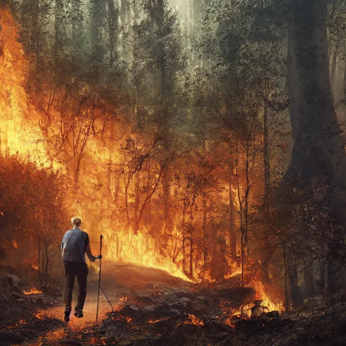 Image similar to happy blonde english man hiking a beautiful path through a forest ablaze on fire, fluent composition, concept art, ambient light, 4 k, intricate details, highly professionally detailed, cgsociety, highly detailed
