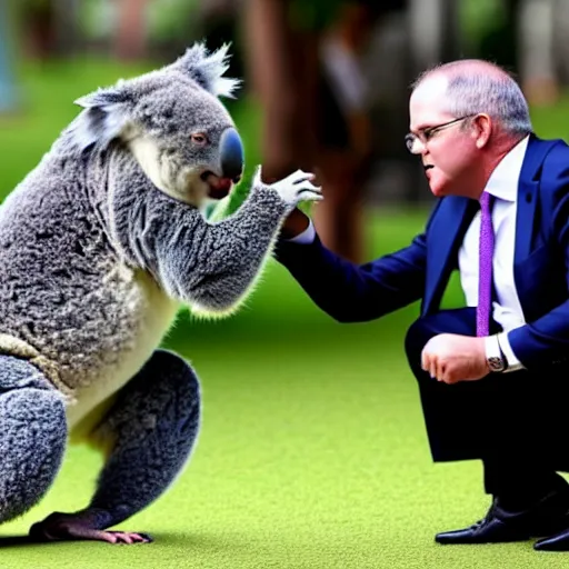 Image similar to scott morrison battles an angry koala over a wad of money