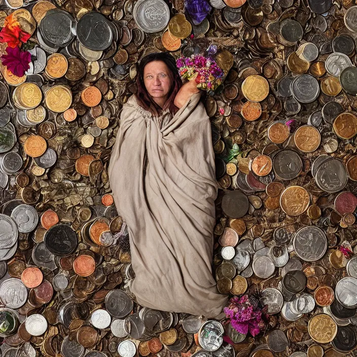 Prompt: closeup portrait of a woman wearing a cloak made of garbage and junk and flowers, standing in a pile of coins, forest, by Annie Leibovitz and Steve McCurry, natural light, detailed face, CANON Eos C300, ƒ1.8, 35mm, 8K, medium-format print