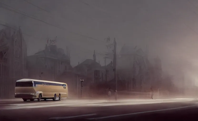 Image similar to exterior traveling greyhound bus circa 2 0 1 5, directed by charlie kaufman ( 2 0 0 1 ) anamorphic lenses, foggy volumetric light morning, cinematic trending on artstation in the style of greg rutkowski