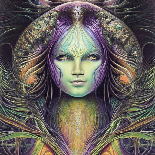 Prompt: perfectly centered portrait, front view of a beautiful biomechanical fractal goddess, female, flowing hair, intense stare, sweet smile, symmetrical, concept art, intricate detail, volumetric shadows and lighting, psychedelic colors, vibrant, realistic oil painting by gustave dore and alex grey,