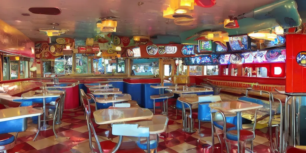 Image similar to a retro diner at the crossroads of the multiverse, celestially enchanted