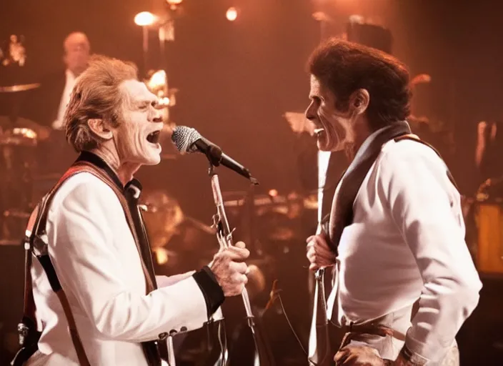 Prompt: film still of Willem Dafoe singing on stage in the new QUEEN movie, 4k