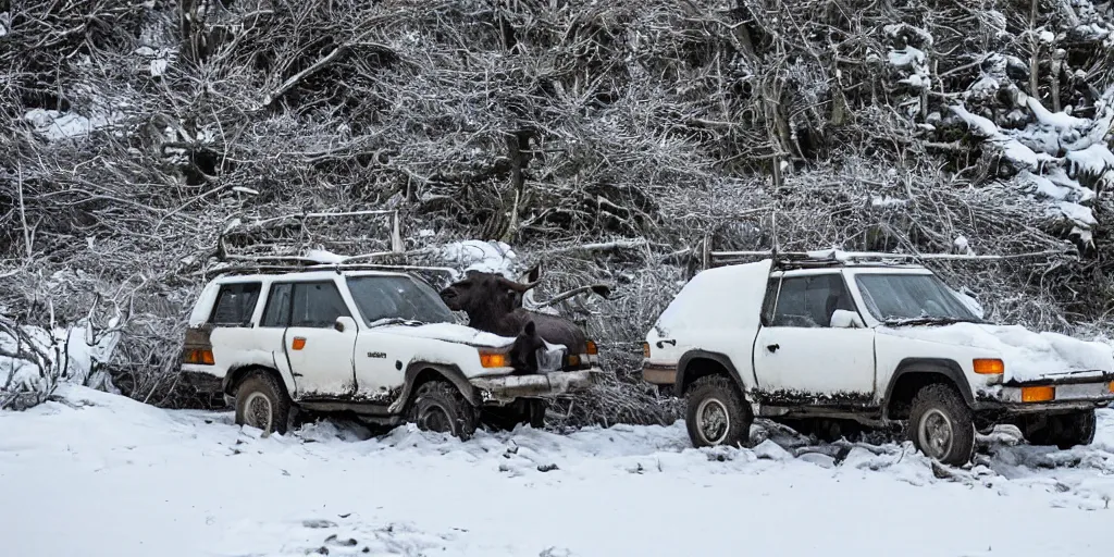 Prompt: a geo tracker parked in snow, surrounded by a herd of cows, photography