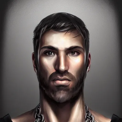 Image similar to realistic portrait, 30 year old man :: athletic, rough, angered :: short black hair :: chain mail :: high detail, digital art, RPG, concept art, illustration