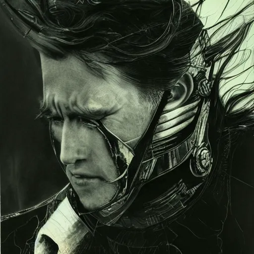 Prompt: Yoshitaka Amano realistic illustration of jeb bush ,hair fluttering in the wind, cracks on his face wearing Elden ring armour with engraving, abstract black and white patterns on the background, noisy film grain effect, highly detailed, Renaissance oil painting, weird portrait angle, blurred lost edges, three quarter view