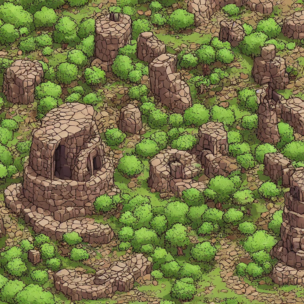 Image similar to ground, tree, rock and wizard tower, on a game tileset, lineart