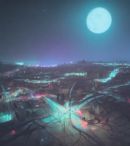 Image similar to surreal synapse town, aerial iridecent veins, moonbow, foggy, dark starry night, octane render, unreal engine, pale colors, high detail, 8 k, wide angle, trending on artstation, behance