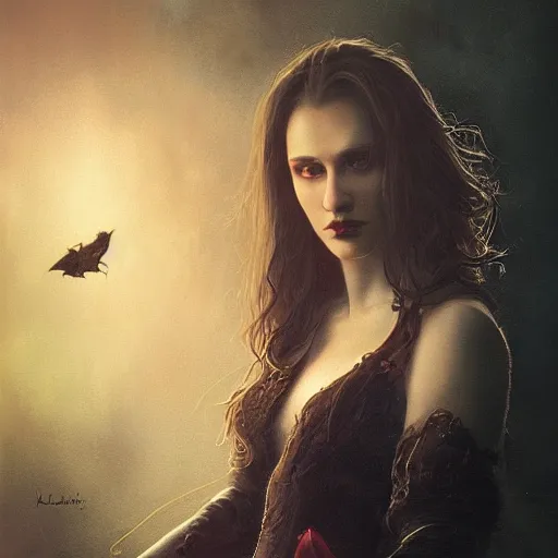 Image similar to majestic gracious regal aristocratic brunette female vampire portrait, atmospheric lighting, painted, menacing, intricate, volumetric lighting, beautiful, rich deep colours masterpiece, golden hour, sharp focus, ultra detailed, by leesha hannigan, ross tran, thierry doizon, kai carpenter, ignacio fernandez rios