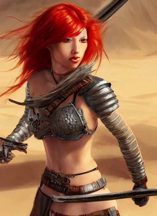 Prompt: Redhead female fighter with katana in desert, fantasy, medieval, vivid colors, fantasy, elegant, concept art, sharp focus, beautiful face!!, digital art, Hyper-realistic, 4K, Unreal Engine, Highly Detailed, HD, Dramatic Lighting by Brom, trending on Artstation