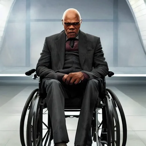 Image similar to Samuel L. Jackson as Professor X, it's the wheelchair that says Bad Motherf*cker, hyper realistic, x-men, superhero, marvel, 4k cinematic