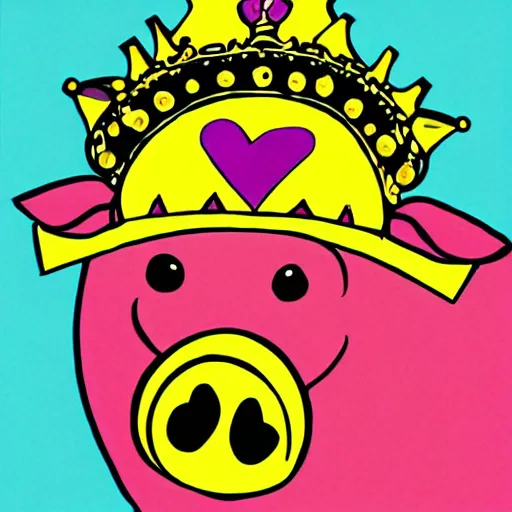 Image similar to illustration pig wearing a simple gold crown in the style of peter max