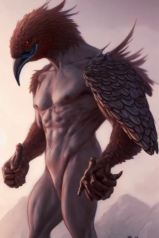 Image similar to character art by wlop, steve henderson, and j scott campbell, gooseman, male hero, goose head, wings, 4 k, arstation, trending, high quality, very detailed, digital