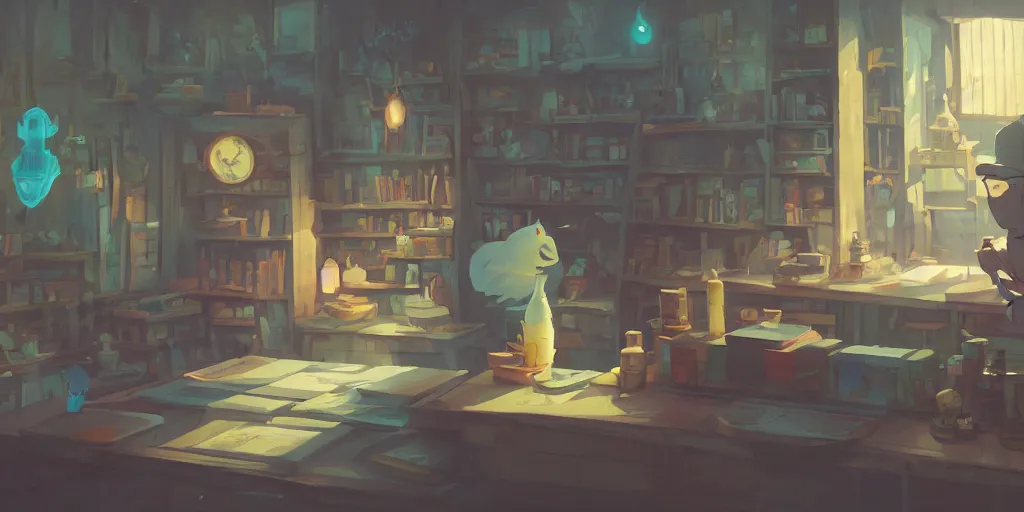 Prompt: magician's workshop, detailed, potions, scrolls, arcane books, cory loftis, james gilleard, atey ghailan, makoto shinkai, goro fujita, studio ghibli, rim light, exquisite lighting, clear focus, very coherent, plain background, soft painting