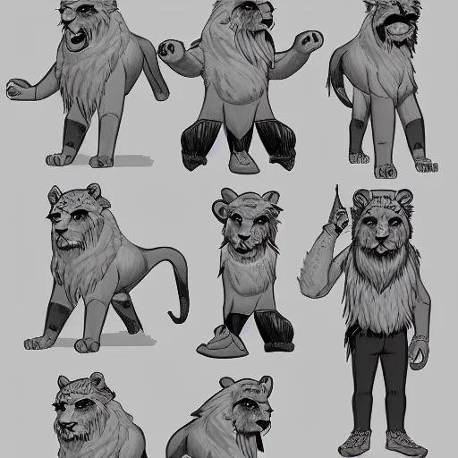 Prompt: lion character sheet, concept art, 2 d, digital