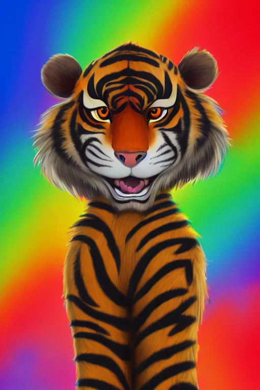 Prompt: Male Anthropomorphic Furry Tiger as Police ,fullbody, Rainbow Background, 8k Photo Realistic