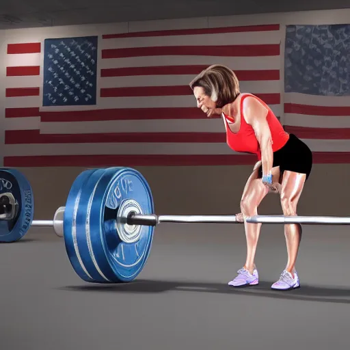 Prompt: nancy pelosi deadlifting 5 0 0 pounds, realism, fine details, unreal, render, cinematic, epic, volumetric lighting