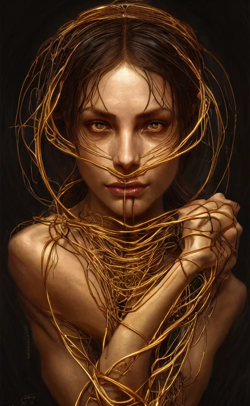 Image similar to portrait of a dark goddess, gold wires, visible veins and nerves and muscles and bones and arteries, intricate, headshot, highly detailed, digital painting, artstation, concept art, sharp focus, cinematic lighting, illustration, art by artgerm and greg rutkowski, alphonse mucha, cgsociety