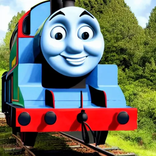 Image similar to deep fried super saturated Thomas the tank engine uncanny contrast meme hilarious