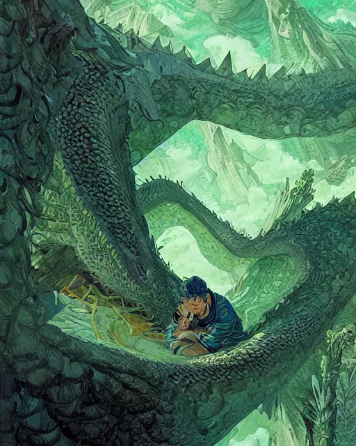 Image similar to a giant slumbering sleeping green dragon, digital art, illustrated by james gurney and victo ngai