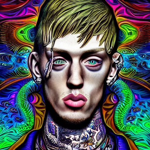 Prompt: an extremely psychedelic portrait of mgk, surreal, lsd, face, detailed, intricate, elegant, lithe, highly detailed, digital oth, sharp focus, illustration,