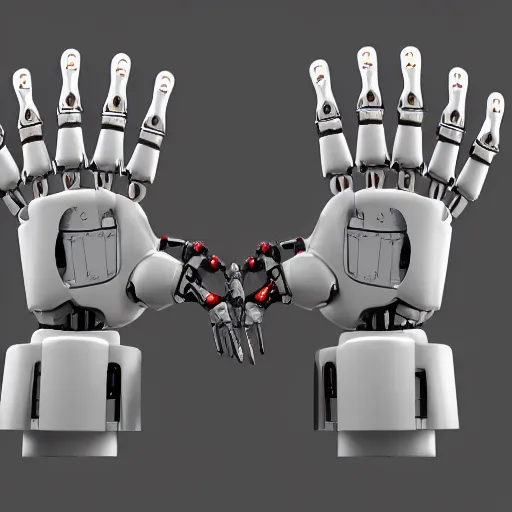 Prompt: robot's Heart-shaped fingers, two hang, Five fingers on the hand, a close up, white steel, white metal, colourful lighting, steel joint, Wires, Mechanisms, unreal engine 5, artstationHD, artstationHQ, 4k, 8k, 3d render, 3d Houdini, cinema 4d, octane,