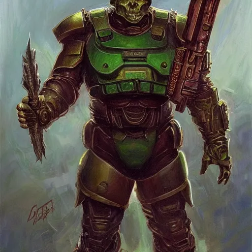 Image similar to The Doomguy as a fantasy D&D character, portrait art by Donato Giancola and James Gurney, digital art, trending on artstation