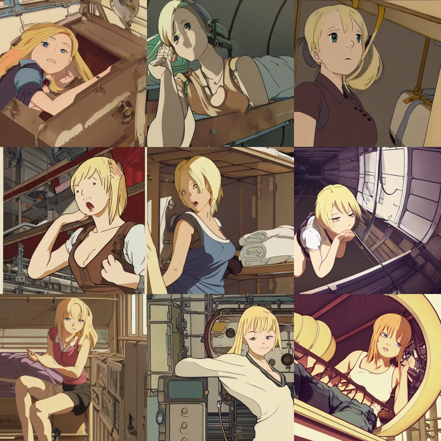 Prompt: Portrait of a tank top-clad blonde female airship mechanic stretching and yawning in her cramped bunk, steampunk, defined facial features, highly detailed, animation cel, official anime screenshot, Kyoto Animation, Studio Ghibli, Ilya Kuvshinov, Makoto Shinkai, Alphonse Mucha