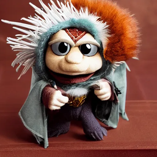 Image similar to dungeons and dragons egg white grung cleric as a chibi muppet plush wearing a big dark wolf pelt headdress and carrying a tiny sketch book and pencil, photorealistic, photography, national geographic, sesame street