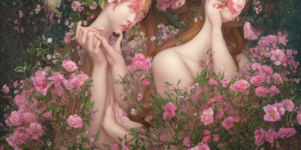 Prompt: breathtaking detailed weird concept art painting of the goddess of light pink flowers, orthodox saint, with anxious, piercing eyes, ornate background, amalgamation of leaves and flowers, by Hsiao-Ron Cheng, James jean, Miho Hirano, Hayao Miyazaki, extremely moody lighting, 8K