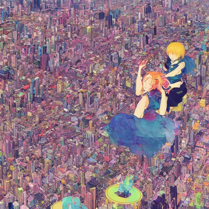 Image similar to a very detailed art of a goddess above a city by inio asano, beeple and james jean, hiroyuki takahashi color scheme, digital art