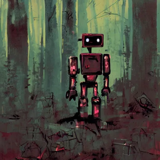 Prompt: a robot painted by ashley wood, forgotten in the forest