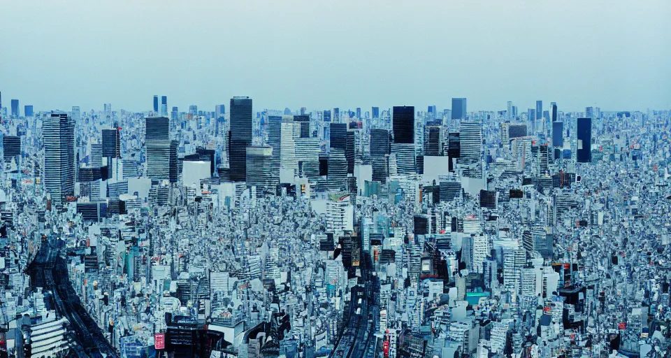 Image similar to photograph of the tokyo skyline, shot on cinestill 5 0 d with a 3 5 mm lens aperture f / 8, dynamic composition, high camera angle, wide angle, full frame, full res, pinpoint sharp focus, hyper realistic