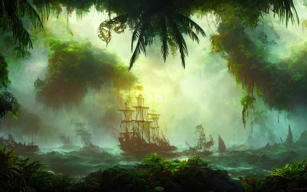 Image similar to a large pirate ship in a dense jungle, misty background, light rays, beautiful lighting, vivid colors, intricate, elegant, highly detailed digital painting, concept art, smooth, sharp focus, unreal engine, 4 k wallpaper, trending on cgsociety, trending on artstation