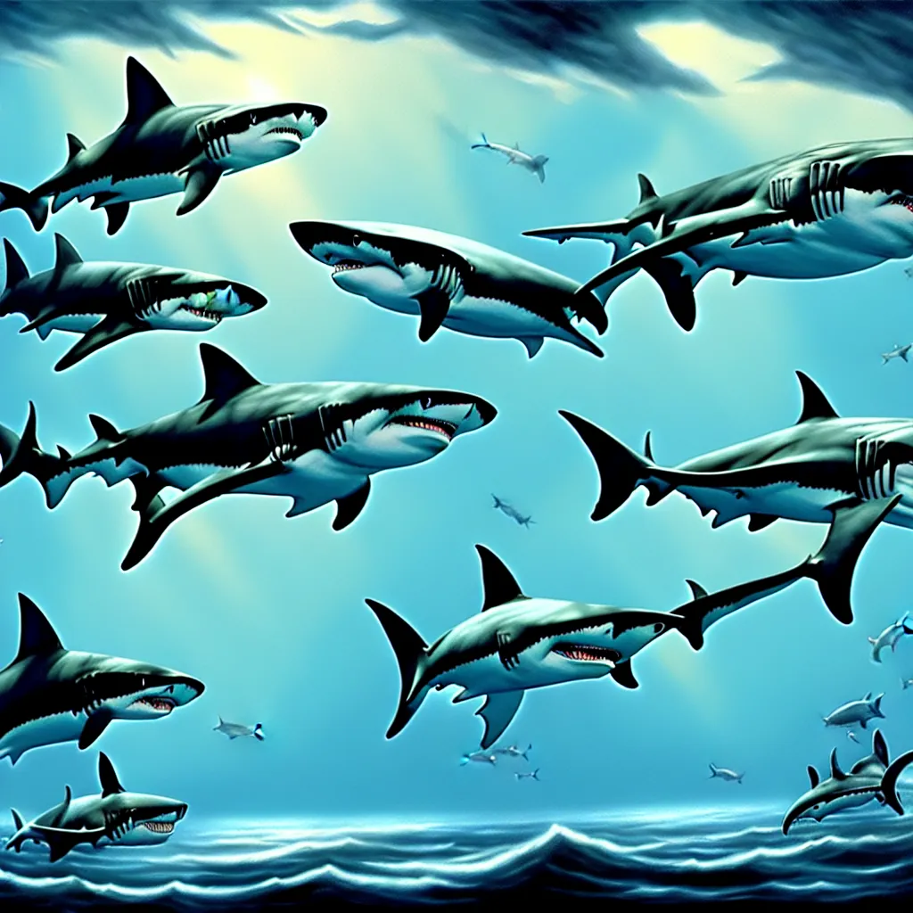 Image similar to shark party, detailed matte painting, oil on canvas, atmospheric, field of depth, fantasy, grim, dark, trending on artstation