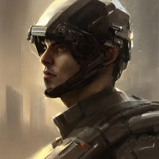 Image similar to Portrait of a man by Greg Rutkowski, he is about 20 years old, mixture turkish and russian, short dark blonde hair with bangs, attractive, angry but resigned look, he is wearing a futuristic tactical gear, highly detailed portrait, scifi, digital painting, artstation, concept art, smooth, sharp foccus ilustration, Artstation HQ.