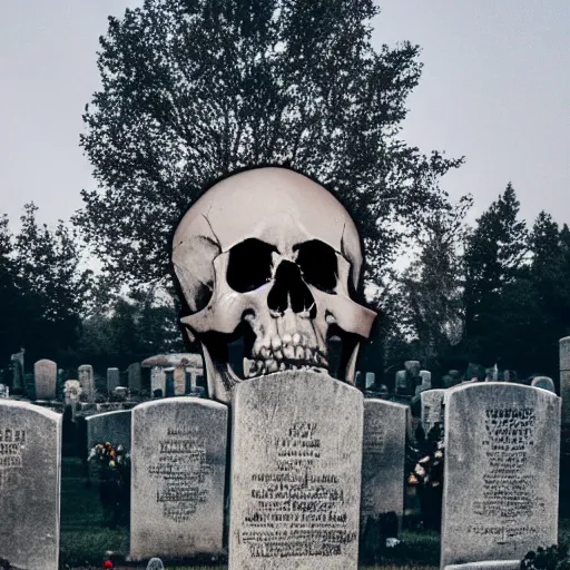 Image similar to giant skull hovering over graveyard, realistic shattered human skull, nighttime award winning photography