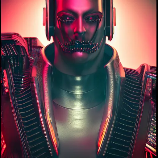 Image similar to evil cyberpunk king inspired avant-garde art, deco fashion, highly detailed, photorealistic portrait, bright studio setting, studio lighting, crisp quality and light reflections, unreal engine 5 quality render