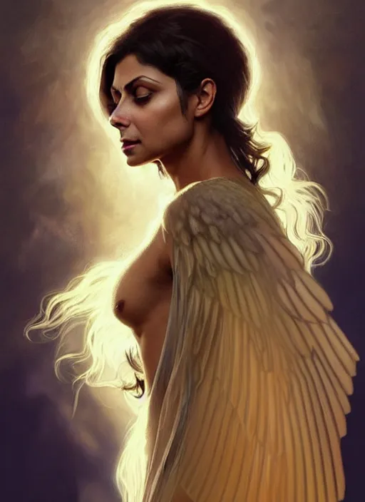 Image similar to Portrait of a beautiful Morena Baccarin, blonde shaggy hair, cloak, ethereal wings, fantasy, extremely detailed, digital painting, artstation, concept art, smooth, sharp focus, illustration, stunning lighting, art by artgerm and greg rutkowski and alphonse mucha and simon stalenhag, realistic character concept, high fantasy, light atmosphere, golden ratio, cinematic lighting, hyperdetailed, high resolution, insanely detailed and intricate, artstation, Marc Simonetti, Greg Rutkowski, 8k