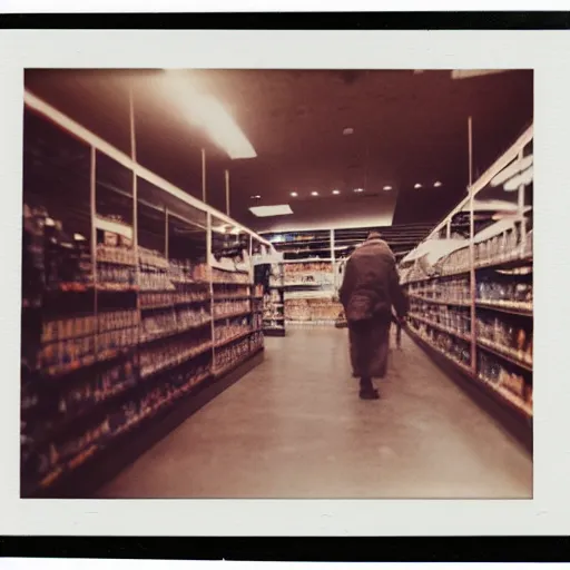 Prompt: low angle vintage photograph of a futuristic mayan jaguar warrior inside a grocery store, shallow depth of field, awkward, out of place, polaroid 6 0 0 color