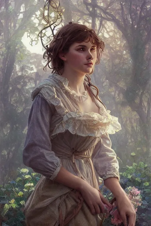 Image similar to beautiful cottagecore peasant maiden, intricate, elegant, highly detailed, digital painting, artstation, concept art, smooth, sharp focus, illustration, art by artgerm and greg rutkowski and alphonse mucha