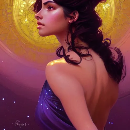 Image similar to Portrait of very very very very very very beautiful Latina woman, spacesuit, purple eyes, intricate, elegant, highly detailed, digital painting, artstation, concept art, smooth, sharp focus, illustration, art by artgerm and greg rutkowski and alphonse mucha