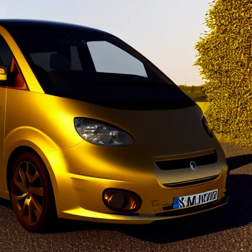 Image similar to ein goldenes auto das auf einer strße aus schokolade fahrt bei einem sonnenuntergang. 8 k render