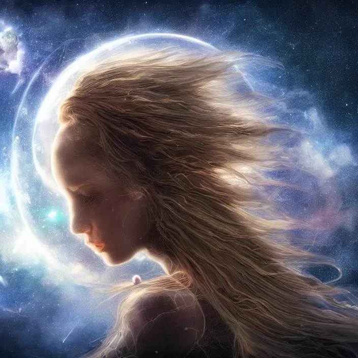 Prompt: beautiful celestial woman with long hair wrapping downward into planet seen for space, hyper-detailed, smooth, sharp focus, depth map, digital painting, apocalyptic art, fantasy dark art, 4k ultra hd, cinematic