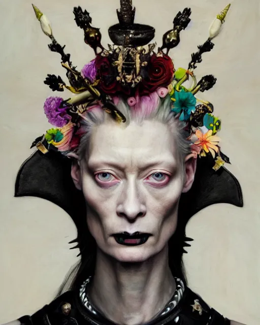 Image similar to portrait of a medieval warrior tilda swinton, goth punk, floral flowers, rainbow colors, surreal, a flemish baroque by alexander mcqueen, art by john collier by greg rutkowski and craig mullins, oil on canvas