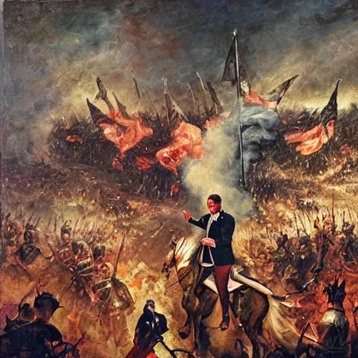 Image similar to Joe Biden leads the armies of hell, oil on canvas, 1883