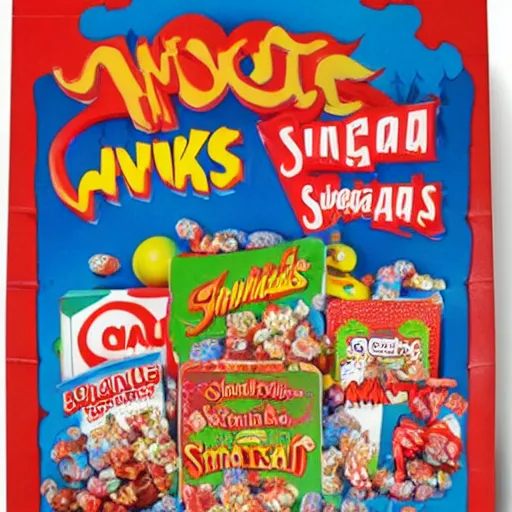 Image similar to grotesque cover illustration on a box of evil Santa kids' sugar cereal