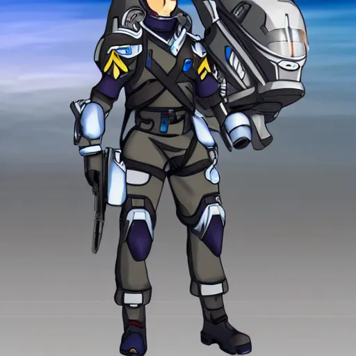 Image similar to a futuristic soldier captain with a metal visor and a blue shoulderpad in anime style