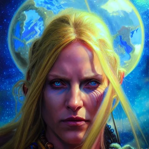 Image similar to ( ( ( ( ( hyperrealist distant portrait of sylvanas windrunner on a blue planet where it rains colors. ) ) ) ) ) by donato giancola, fantasy, photorealistic, octane render, unreal engine, dynamic lighting, trending on artstation, poster, volumetric lighting, very detailed faces, 4 k, award winning