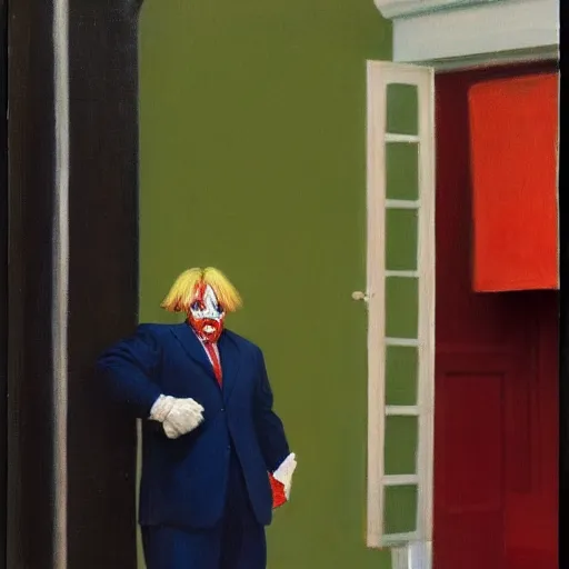 Prompt: a highly detailed fine art portrait of british prime minister boris john wearing a clown costume. in the style of edward hopper, richard hamilton.